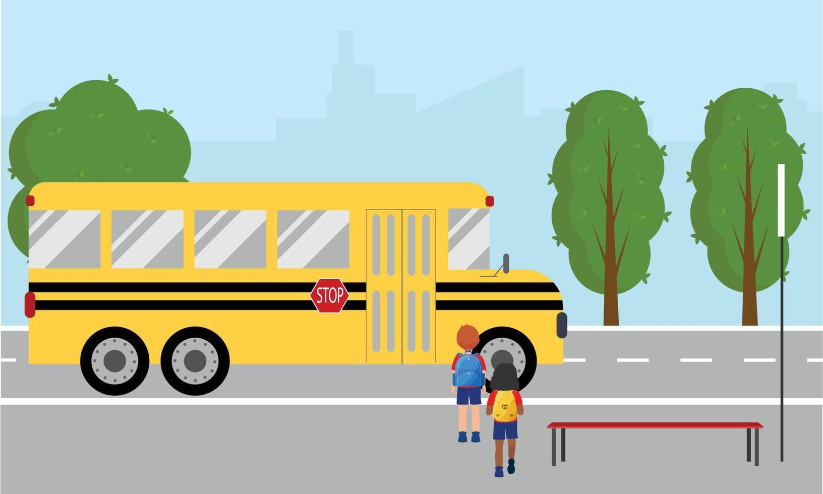 De vuelta a la escuela. ilustración vectorial de niños de dibujos animados que van a la escuela con el autobús escolar vector