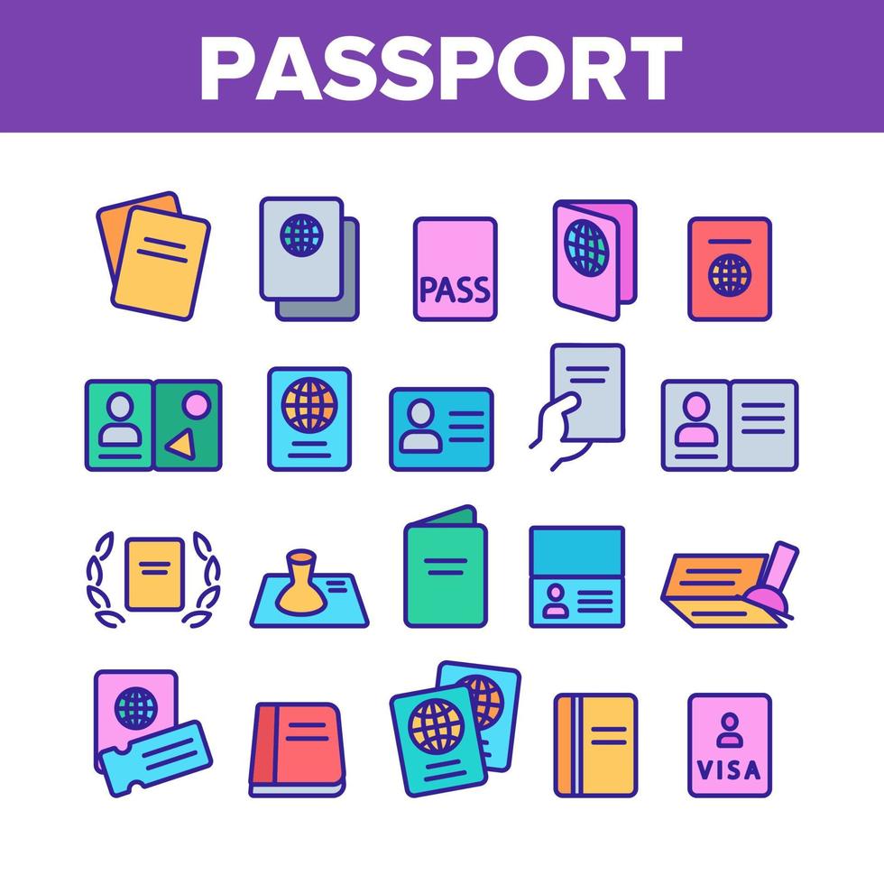 conjunto de iconos de elementos de color de pasaporte vector