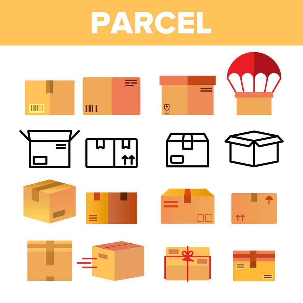 Parcel, Cardboard Boxes Vector Color Icons Set