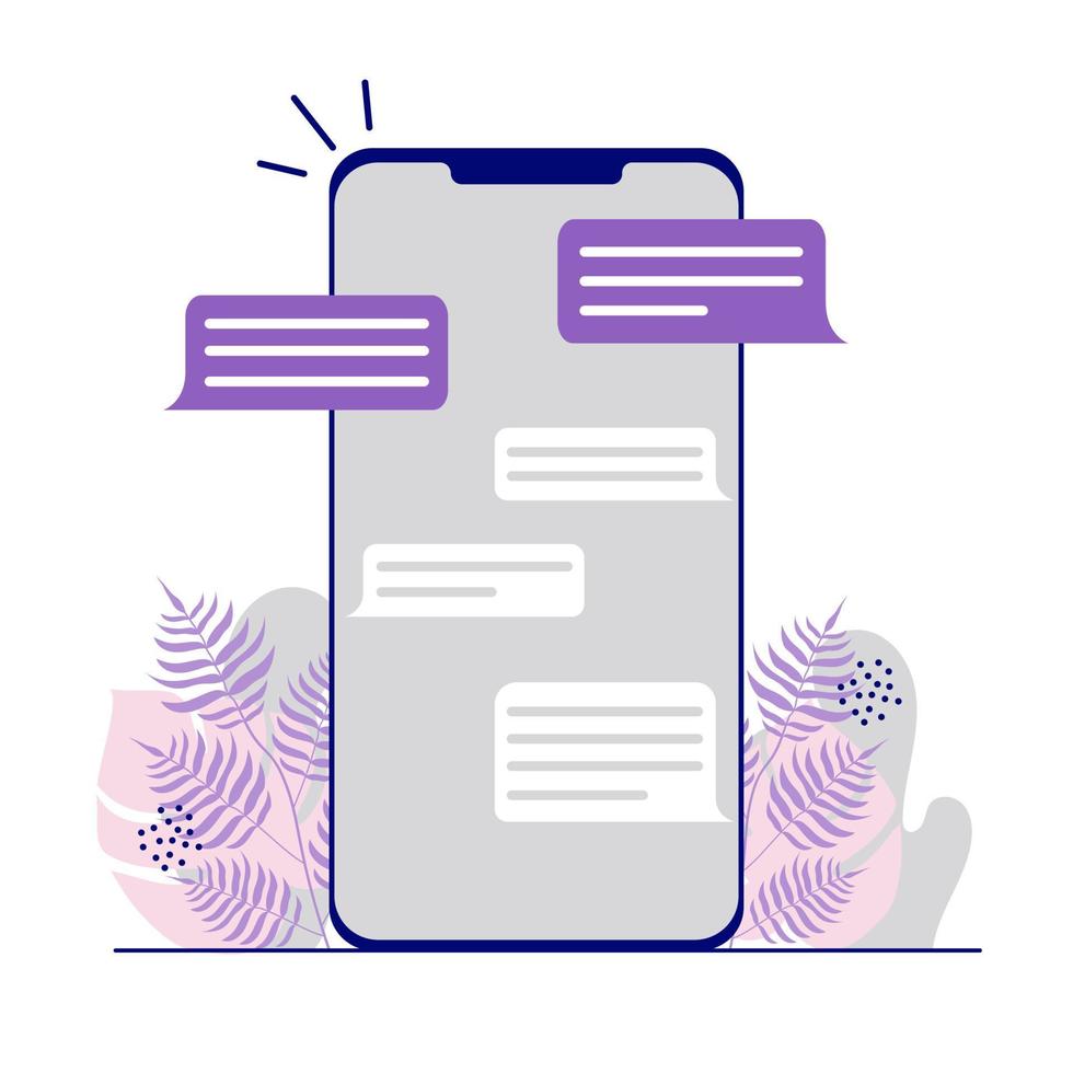 Chatting and messaging on a smartphone. Screen with speech bubbles. Floral background. vector