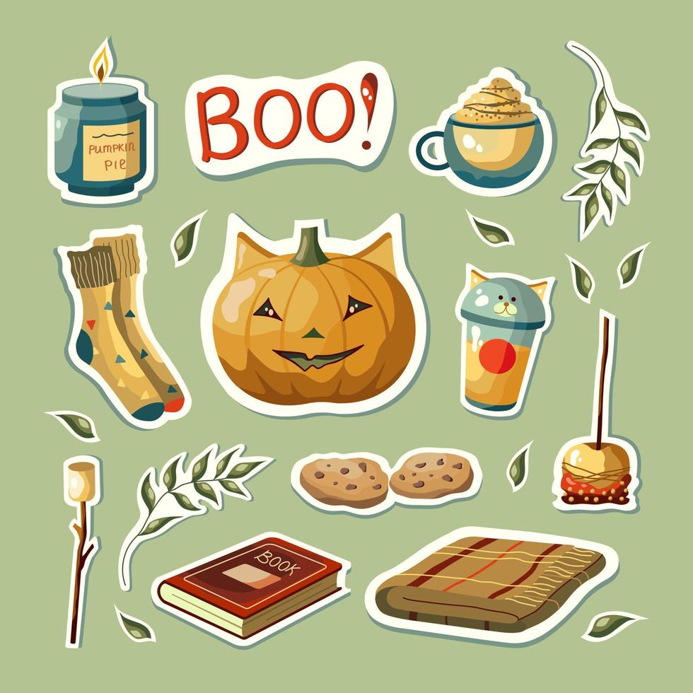 Set of autumn vector illustrations with pumpkin, candle, marshmallow, caramel apple, and items.