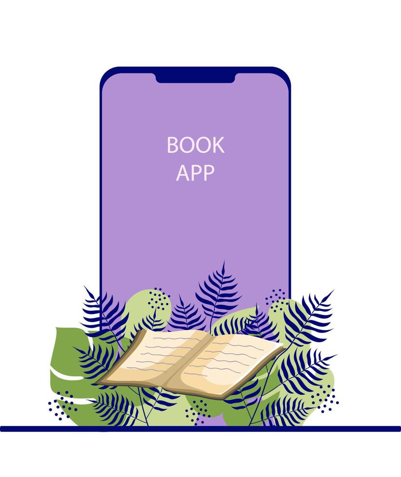 Illustration for book app. Library online. Distance lessons, video courses, internet classes. vector
