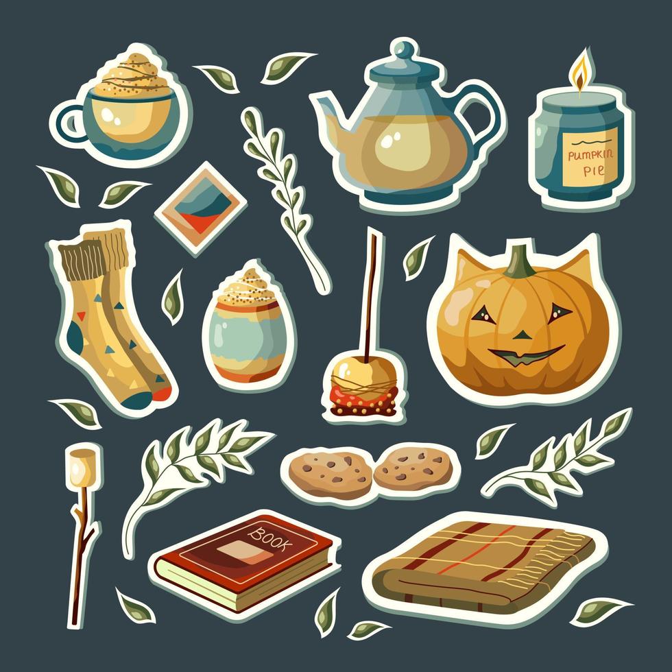 conjunto de ilustraciones vectoriales de otoño con calabaza, café con leche, hojas, comida acogedora y artículos. lindas pegatinas de otoño. vector