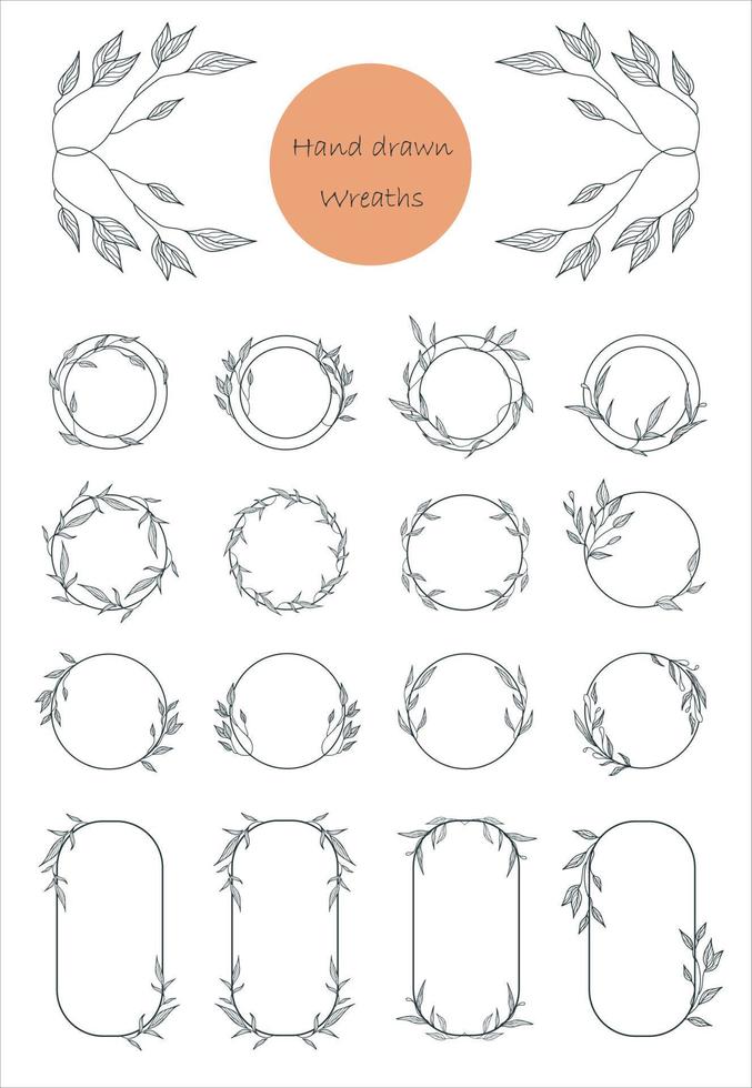 plantillas de logotipos. conjunto de coronas botánicas dibujadas a mano. Coronas de laurel de flores de boda. vector