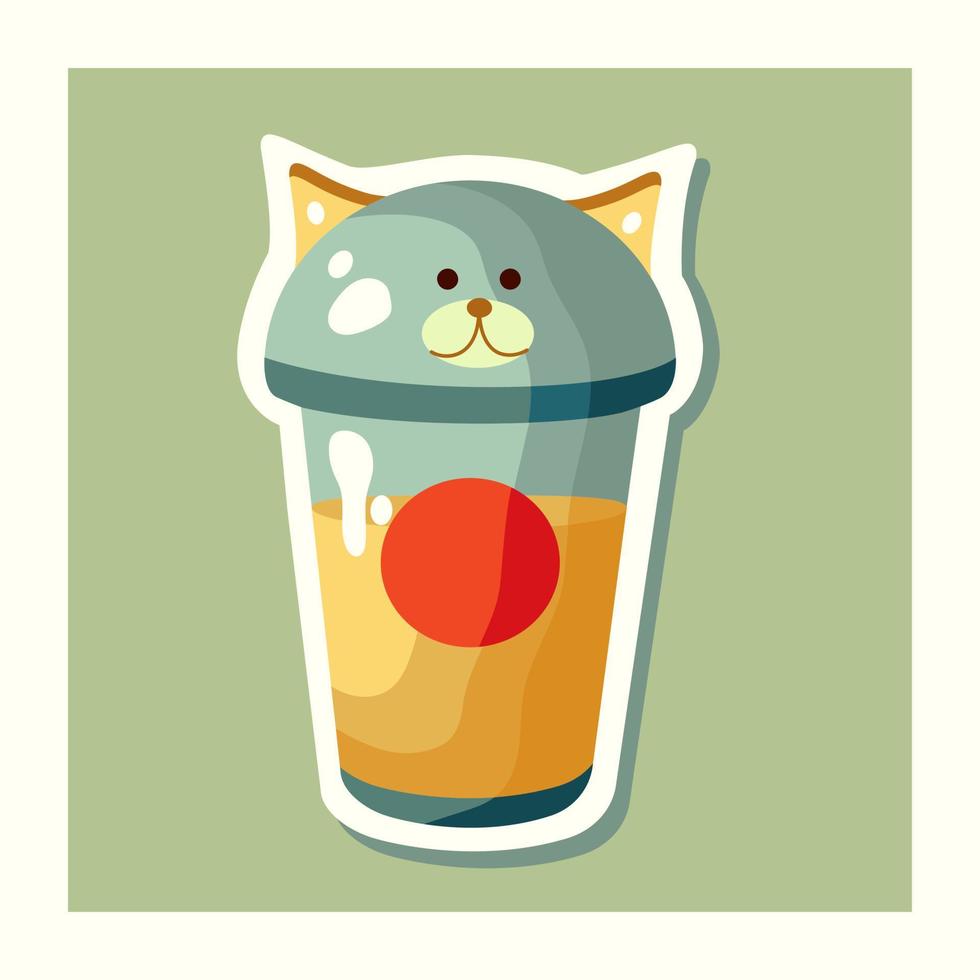 Illustration of plastic cup for soda pop and milk cocktail with cat lid. vector