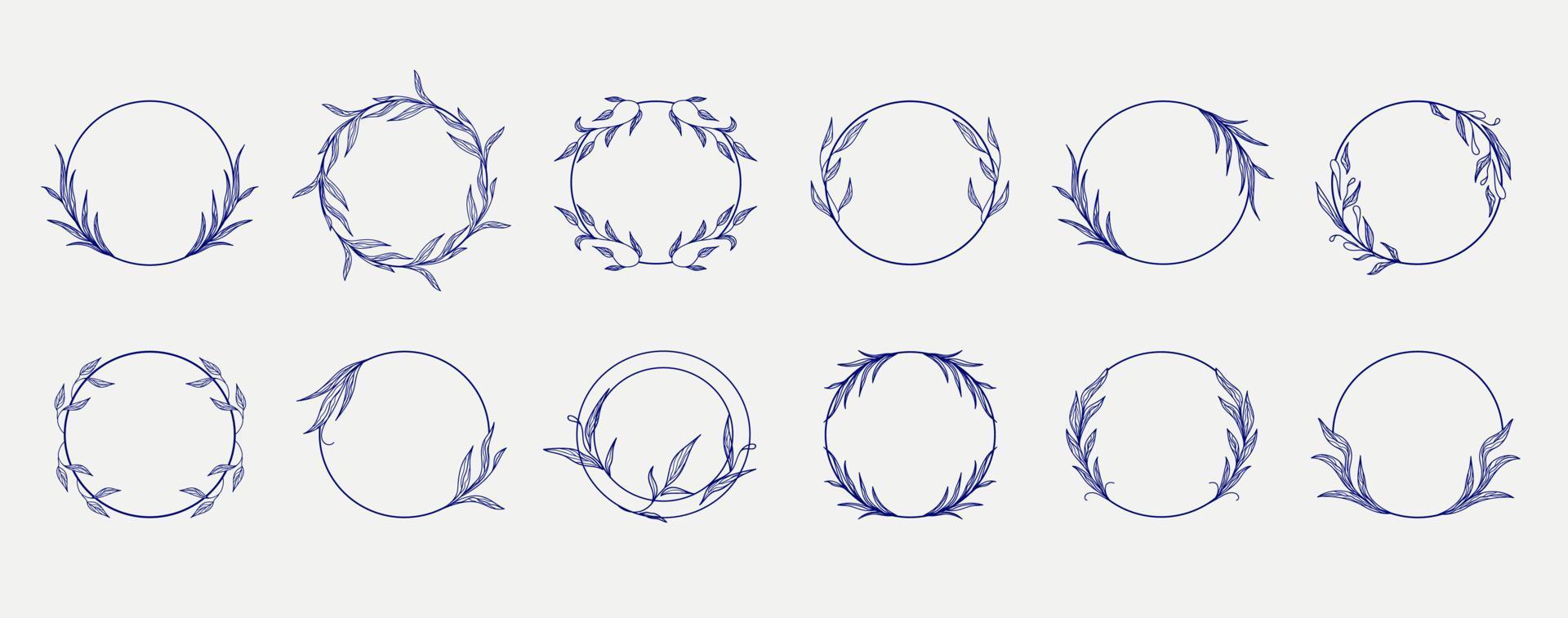 plantillas de logotipos. conjunto de coronas botánicas dibujadas a mano. Coronas de laurel de flores de boda. vector