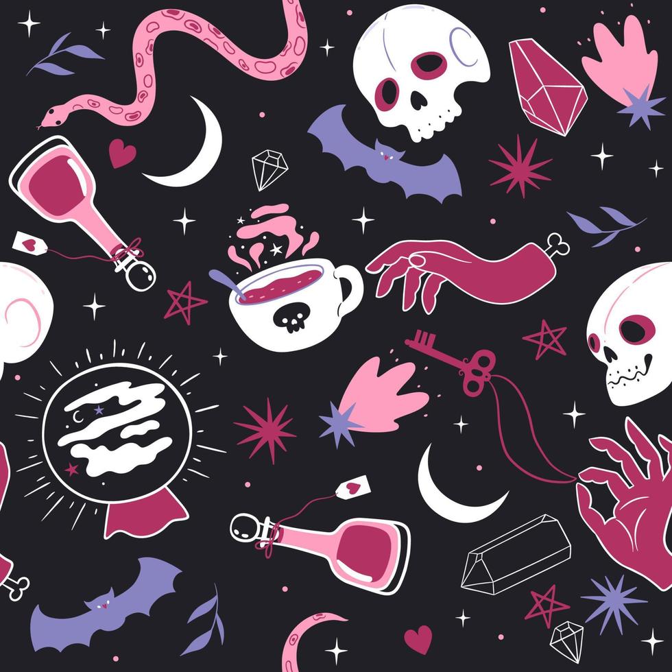 Seamless pattern with skulls and magic items. Vector graphics.