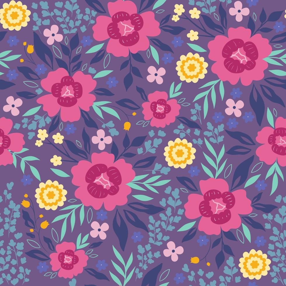 patrón impecable con flores y hojas sobre un fondo lila. gráficos vectoriales vector