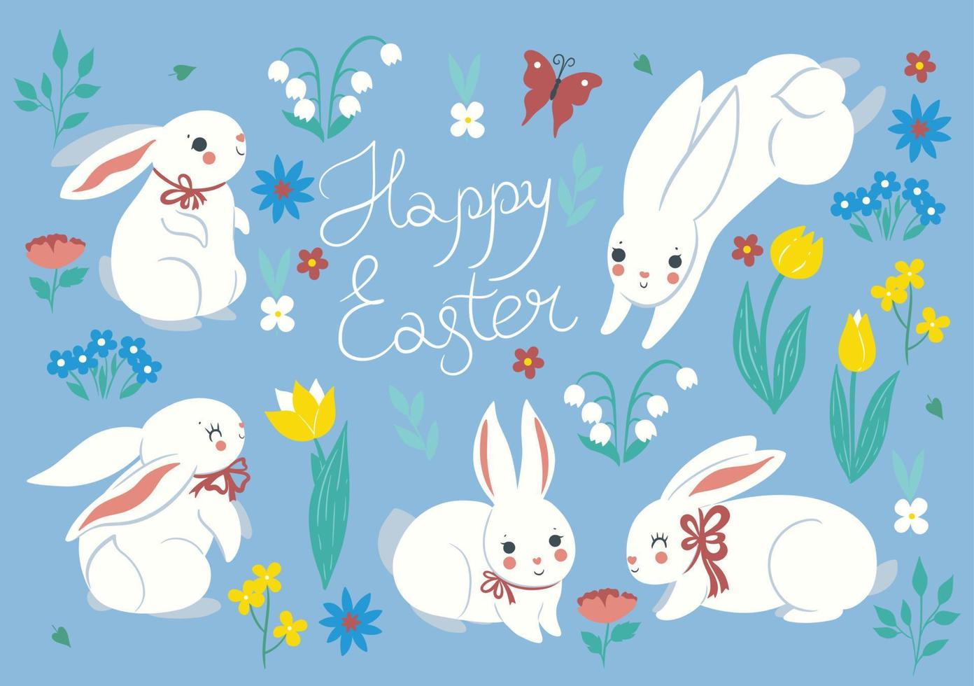 Easter card or poster with cute bunnies and flowers. Vector graphics.