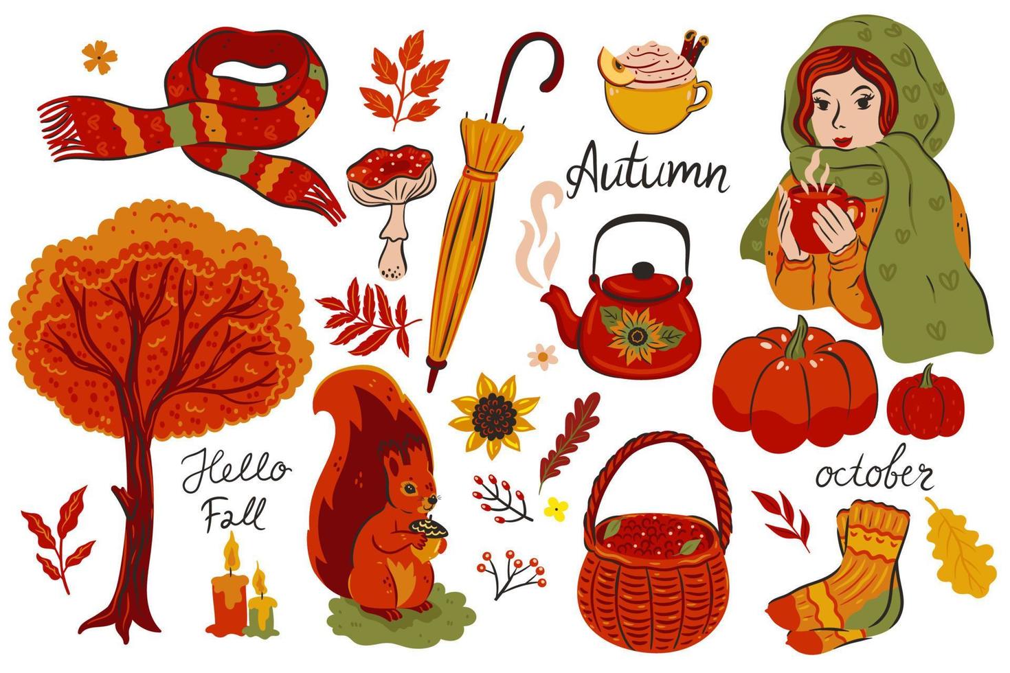 Set of autumn items isolated on white background. Vector graphics.