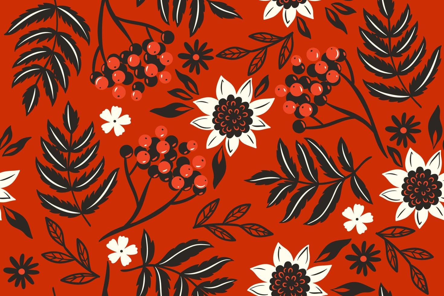 Seamless pattern with autumn leaves and rowan berries. Vector graphics.