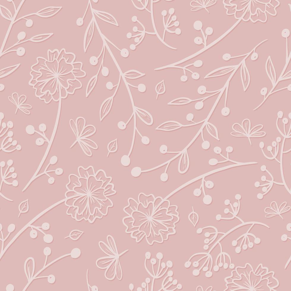 Vector cute floral pattern on a pink background. Delicate twigs and branches with leaves. Doodle blooming flowers, berries and buds on the stem.