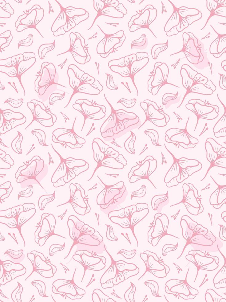 Vector cute pink seamless pattern with flowers, twigs and petals.