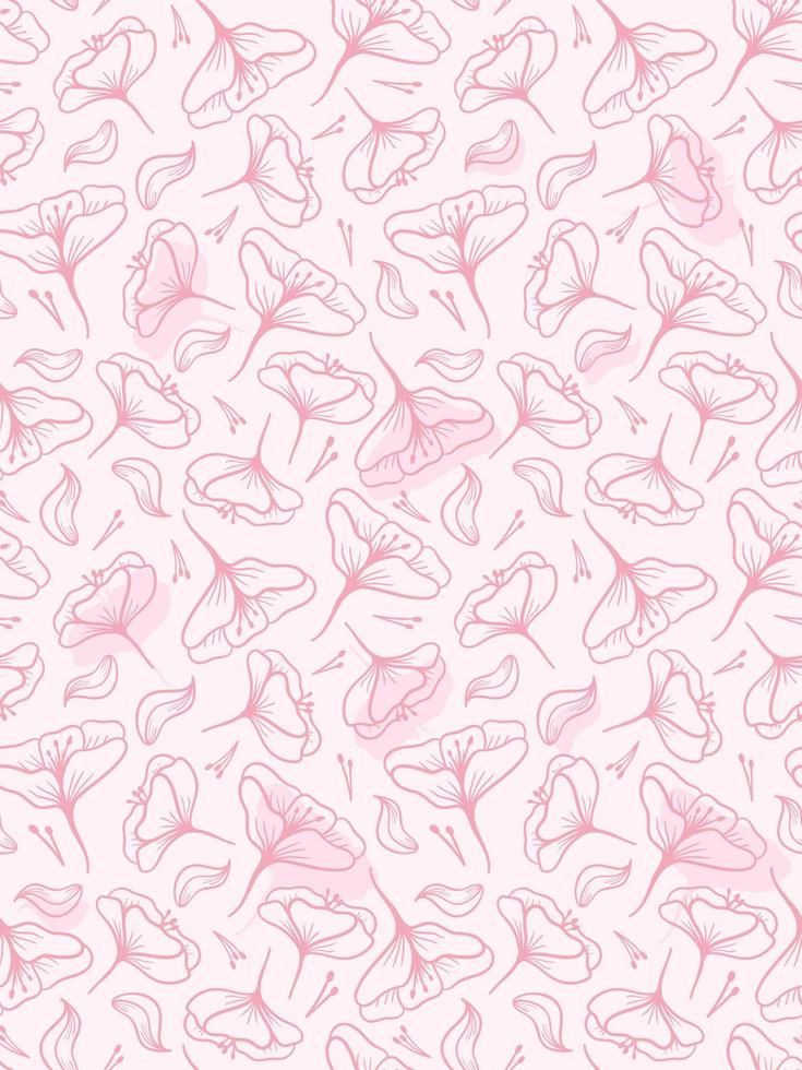 Vector cute pink seamless pattern with flowers, twigs and petals.