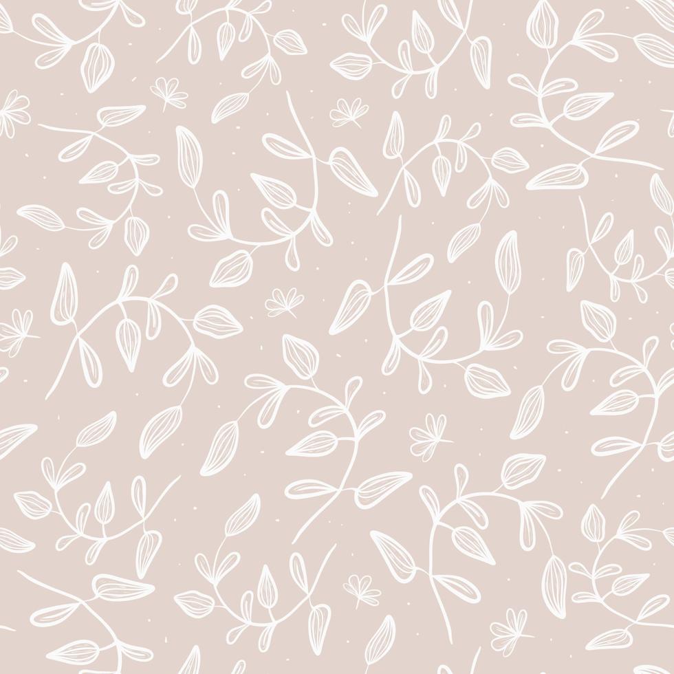 Vector seamless foliage pattern. Doodle twigs and stems with leaves, flower buds on a beige background.