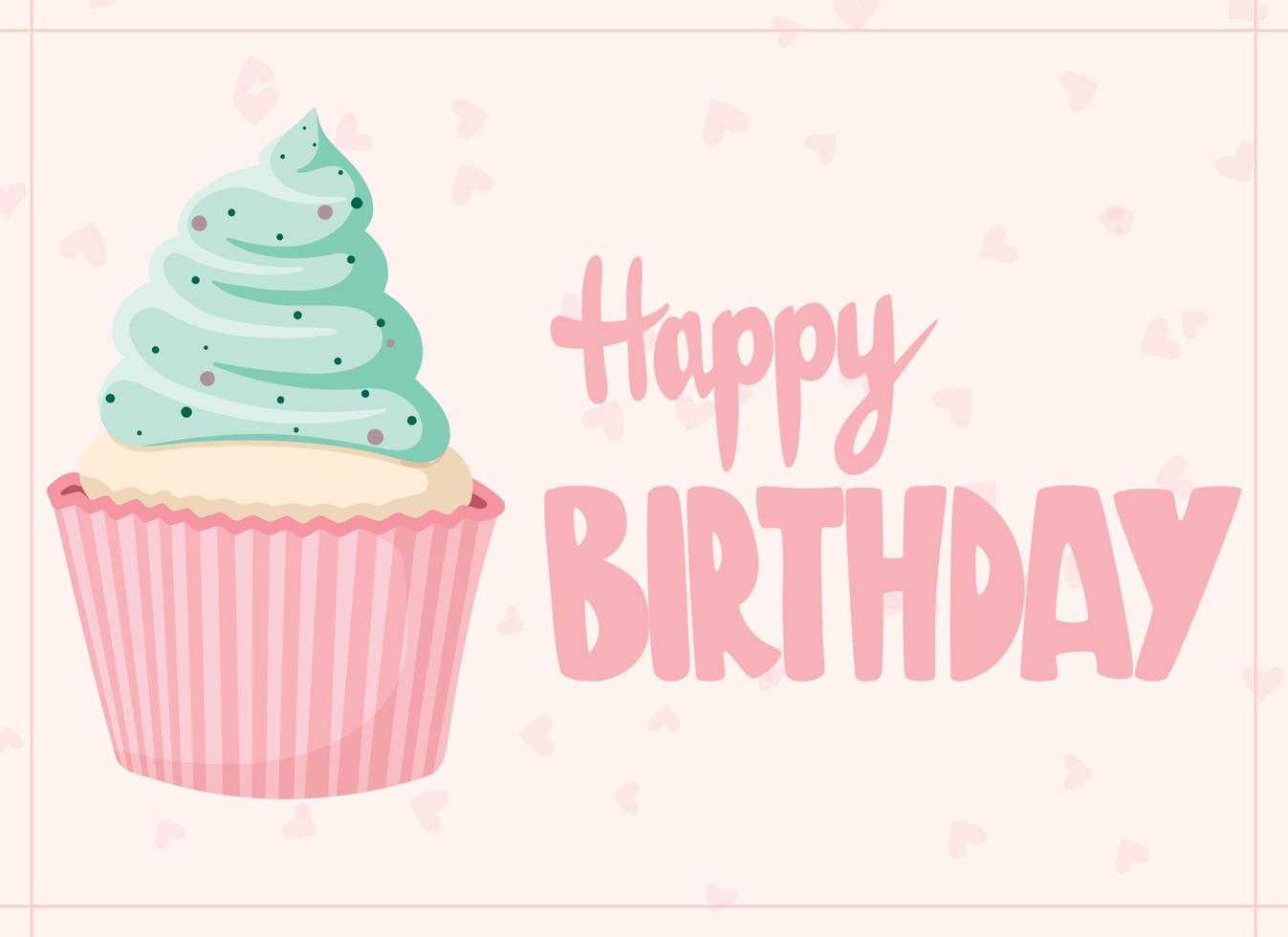 Cute happy birthday gift card with a picture of delicious cupcake and lettering. vector