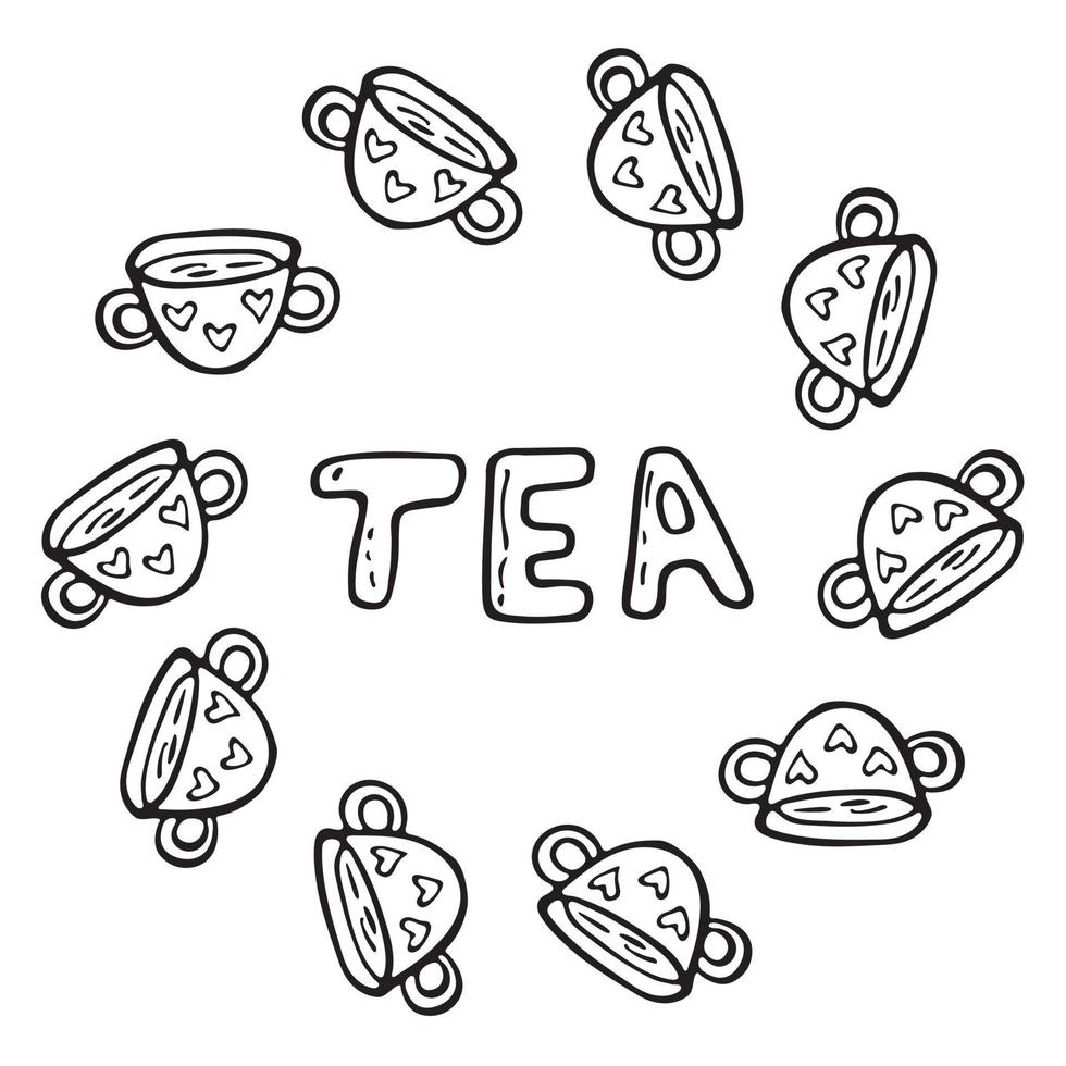 Vector flat illustration tea time with cups of tea and coffee. Doodle objects are cut out.