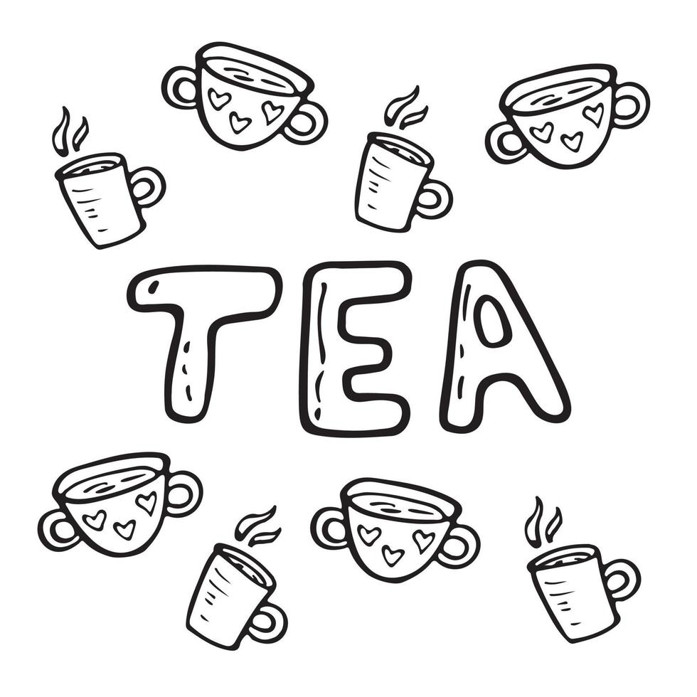 Vector flat illustration tea time with cups of tea and coffee. Doodle objects are cut out.