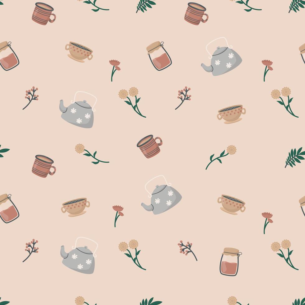 Vector illustration seamless pattern. Cute doodle tea and coffee cups, teapot and glass jar, twigs with leaves and flowers. Background decoration in warm cozy colors.