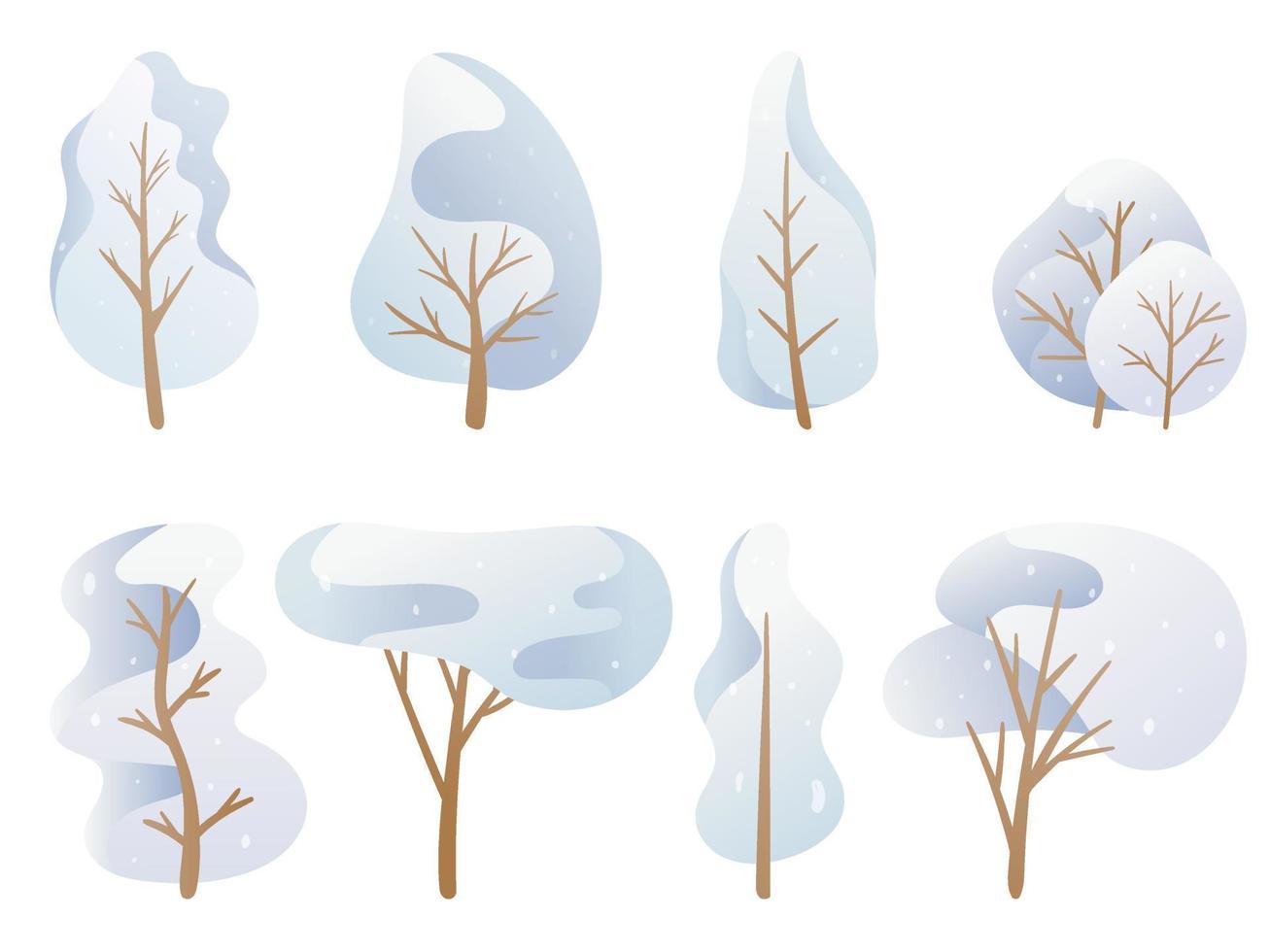 ilustración vectorial un conjunto de imágenes de garabatos. árboles de dibujos animados en una paleta azul, corona de invierno cubierta de nieve de diferentes formas. decoración de fondo vector