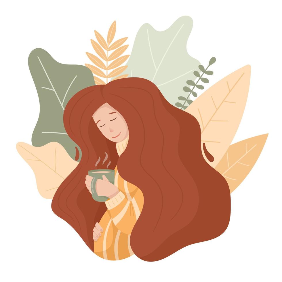 Vector cute illustration in warm colors. Doodle pregnant woman with long voluminous hair. Winter cozy theme, mug with tea or coffee, warm sweater.