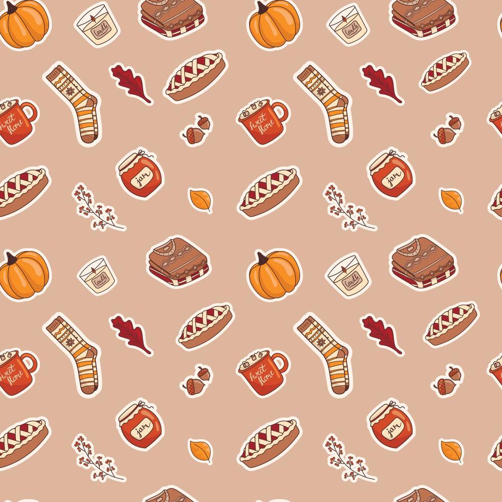 Vector illustration of a seamless pattern of doodle icons-stickers on the autumn theme. Warm colors, cartoon cozy style.