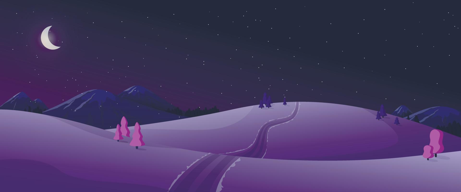 Cartoon panoramic view of winter night nature in black and violet colors. Mountains with snow-capped peaks, trees, firs, hills in the snow. A path leading off into the distance, Christmas and moon. vector