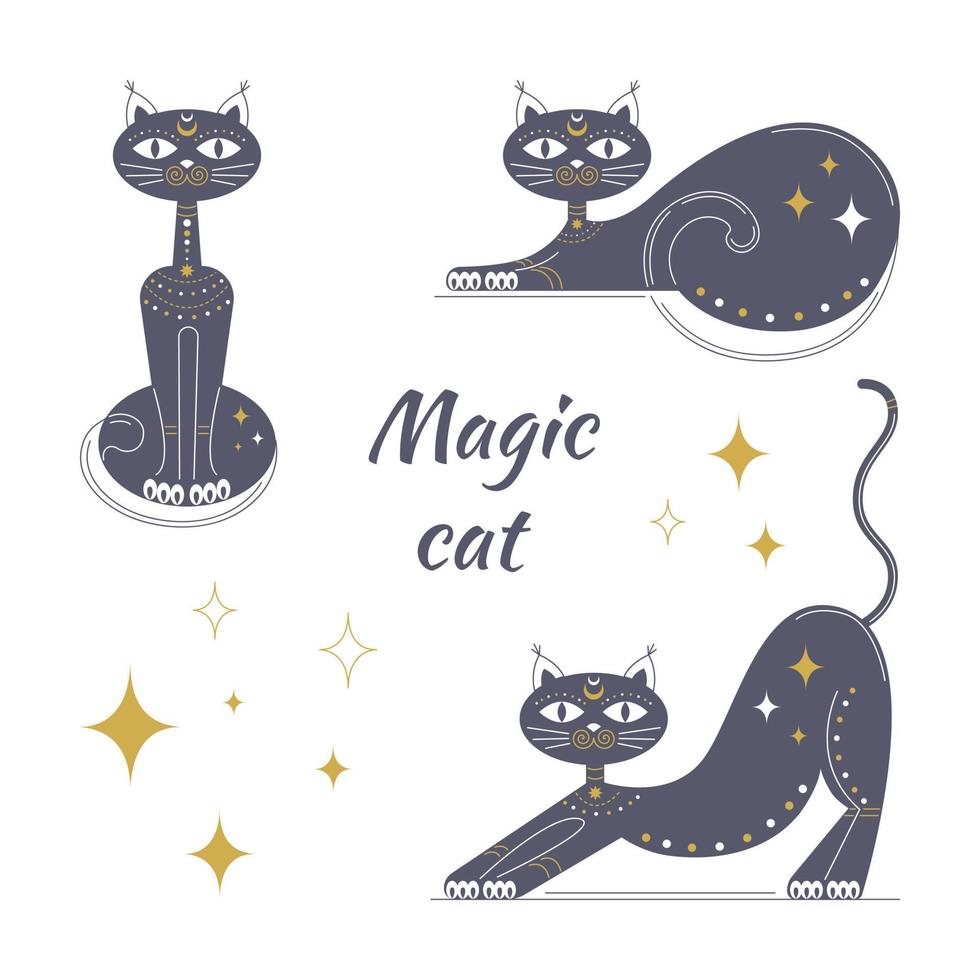 Set of fantastic magical mystical cats isolated on a white background. Vector stock illustration.