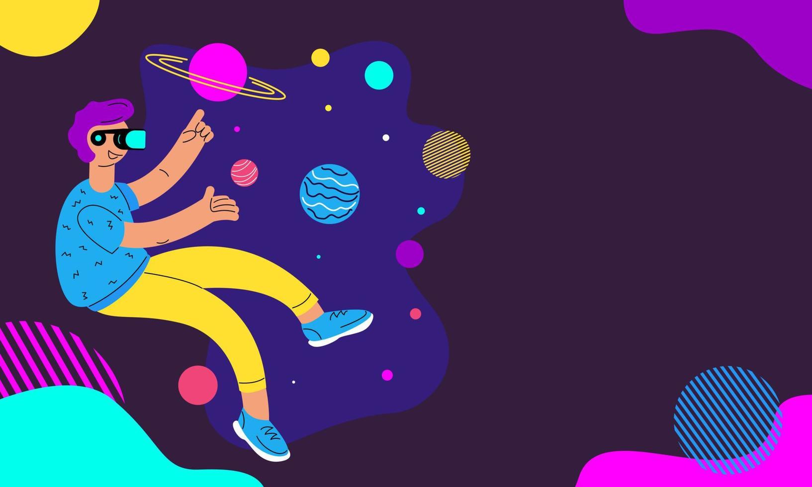 Virtual reality. A man in VR glasses in outer space. Banner with copy space. Vector stock illustration in flat style.
