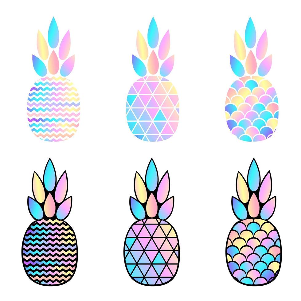 Abstract holographic icon pineapple set isolated on white background. Vector stock illustration.