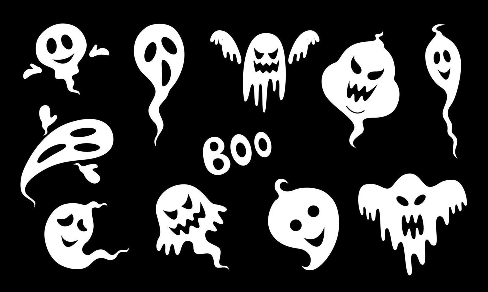 Ghosts set silhouette on black background. Halloween design. Stock vector illustration.