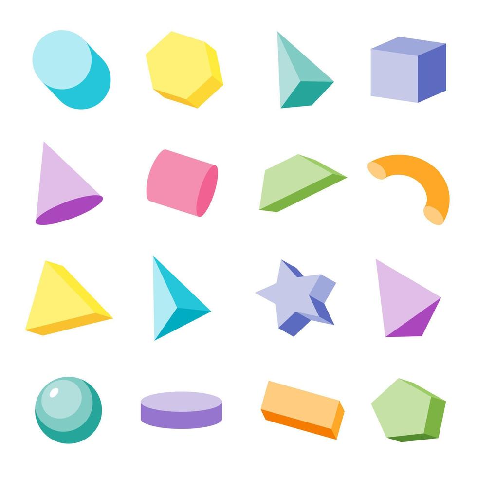 Set of multicolored three-dimensional geometric primitive shapes isolated on white background. Vector stock illustration.