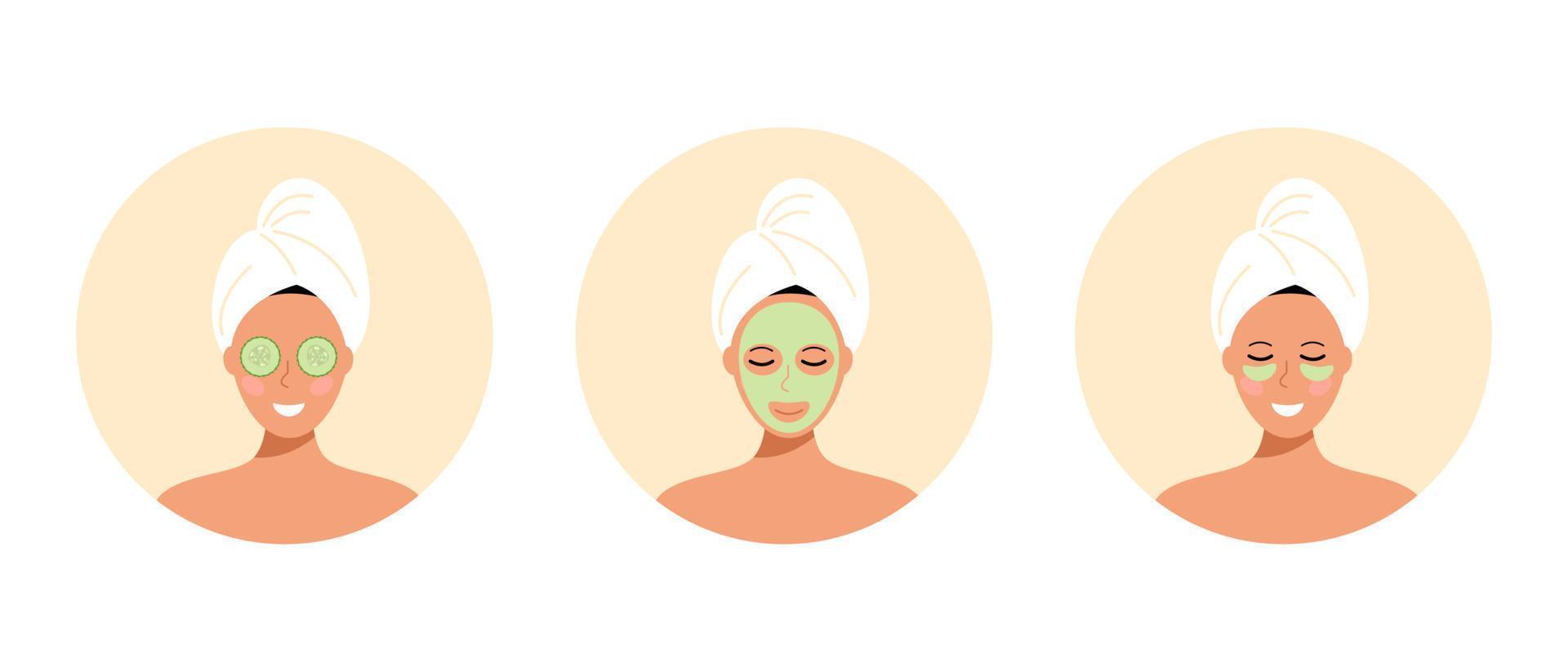 un conjunto de mujer en una toalla cuida la piel de la cara. hace una mascarilla facial, parches y rodajas de pepino sobre los ojos. ilustración vectorial de acciones. vector