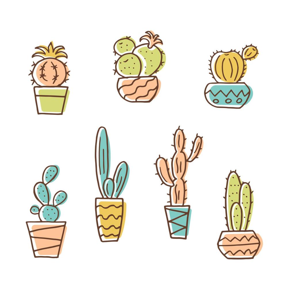 Set of cacti in a flower pot hand drawing sketch. Vector stock