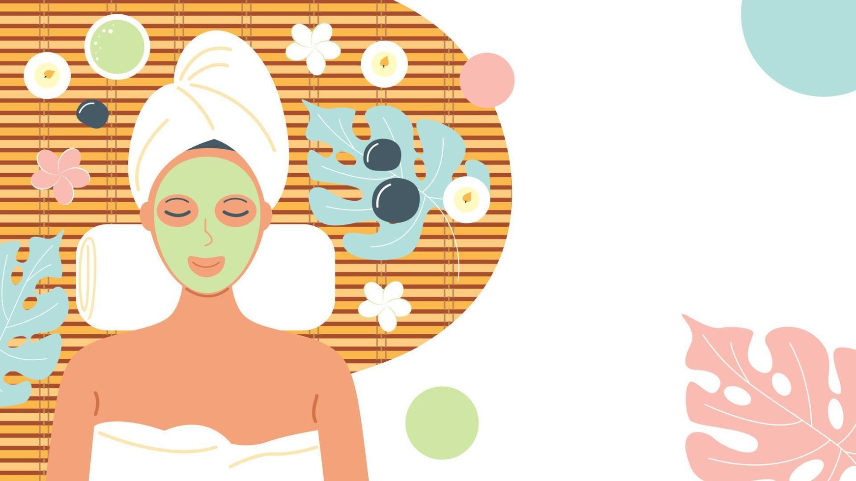 A woman in a spa salon in a turban with a mask on her face lies on a mat. The concept of relaxation, beauty and skin care. Banner with copy space. Vector stock illustration.