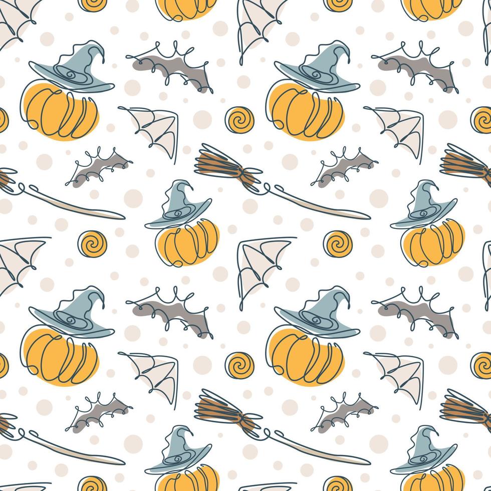 Halloween seamless pattern in one line style. A pumpkin with a hat, a broom, a spider web and a bat. Stock vector illustration.