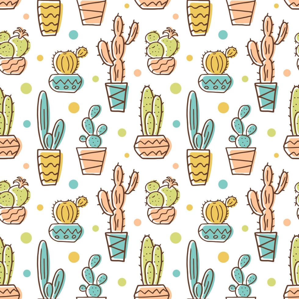 Cacti hand drawing in doodle style seamless pattern. Design for fabric, textile, wallpaper. Vector stock illustration.