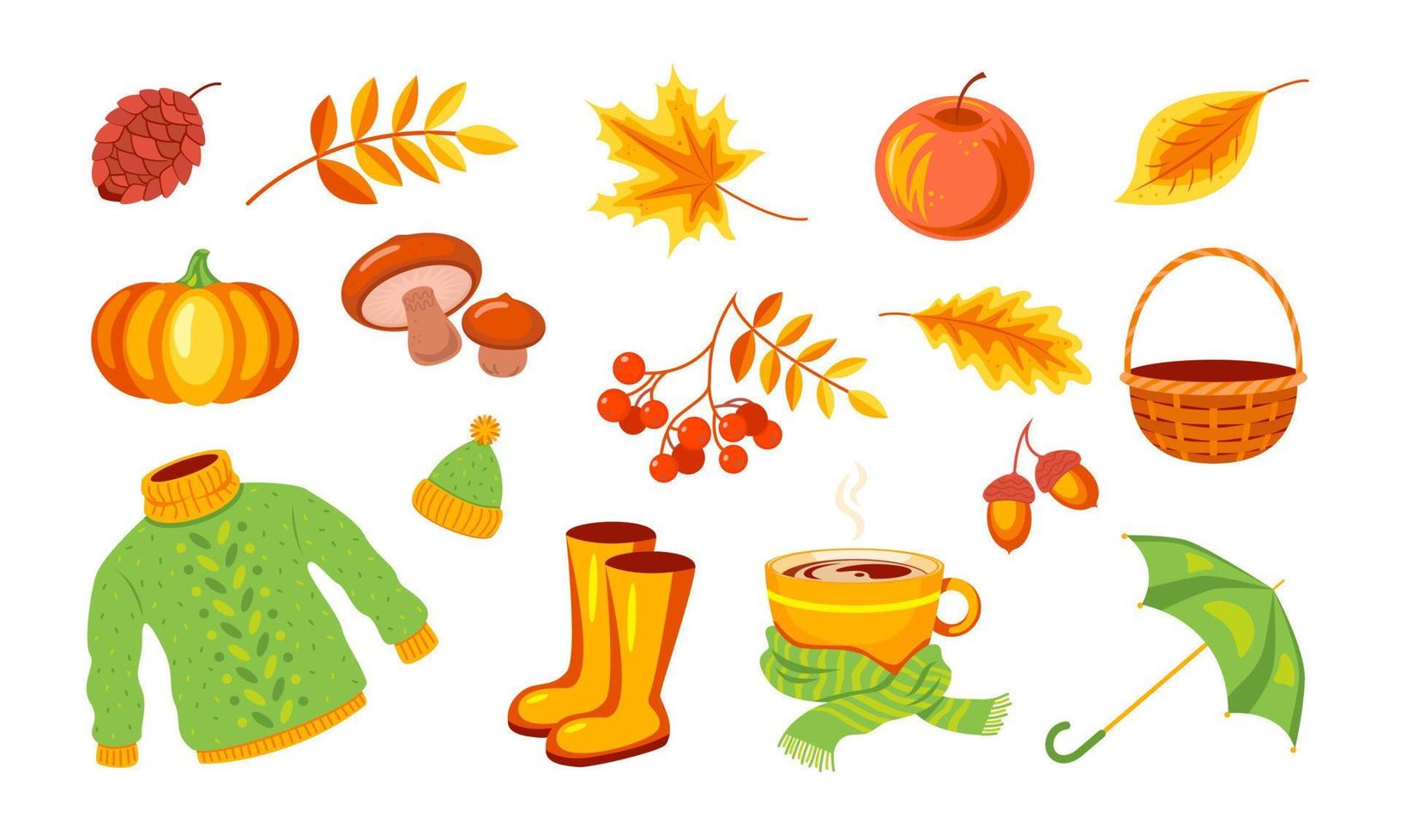 Set of autumn elements isolated on white background. Vector stock illustration.