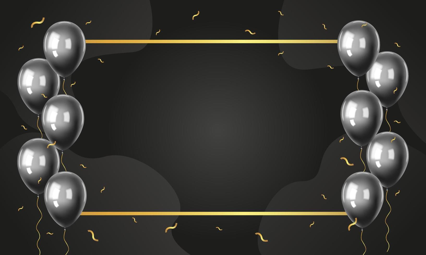 Abstract background gold frame with realistic black balloons. Banner with copy space. Black Friday. Vector stock illustration.