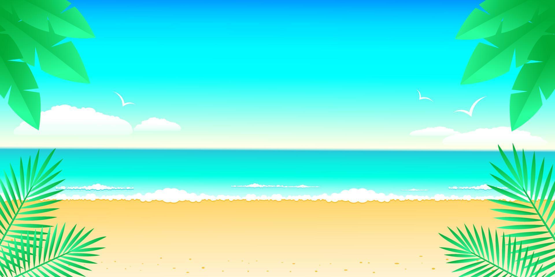 playa vacía mar y hojas de palma, paisaje marino paraíso. verano vacaciones viajes concepto diseño banner publicidad stock vector ilustración con espacio de copia.