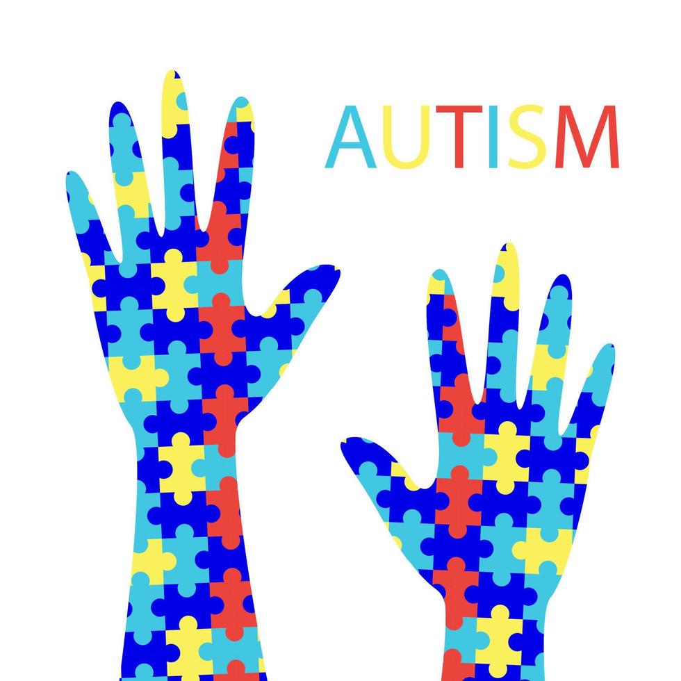 Autism Awareness Day, hands made from jigsaw puzzle. Banner with the inscription. Vector stock illustration.