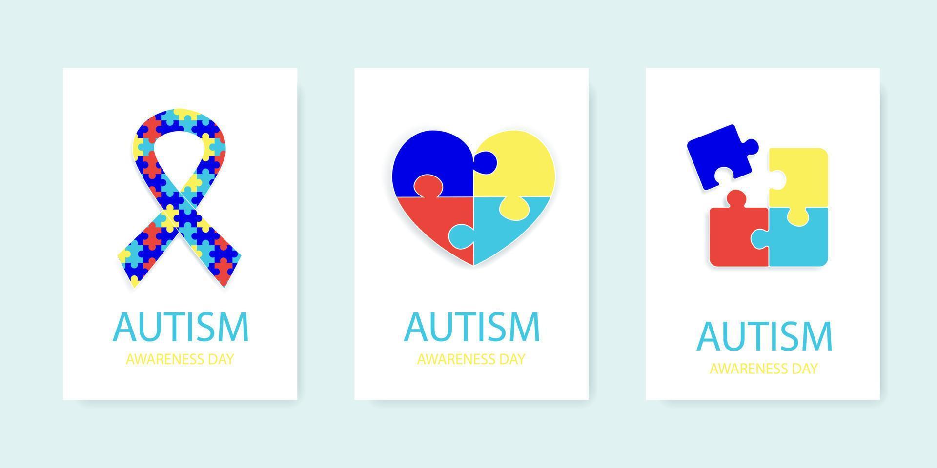 Autism awareness day, jigsaw puzzle, set of flyers with inscription, ribbon heart and square symbols. Vector stock illustration.