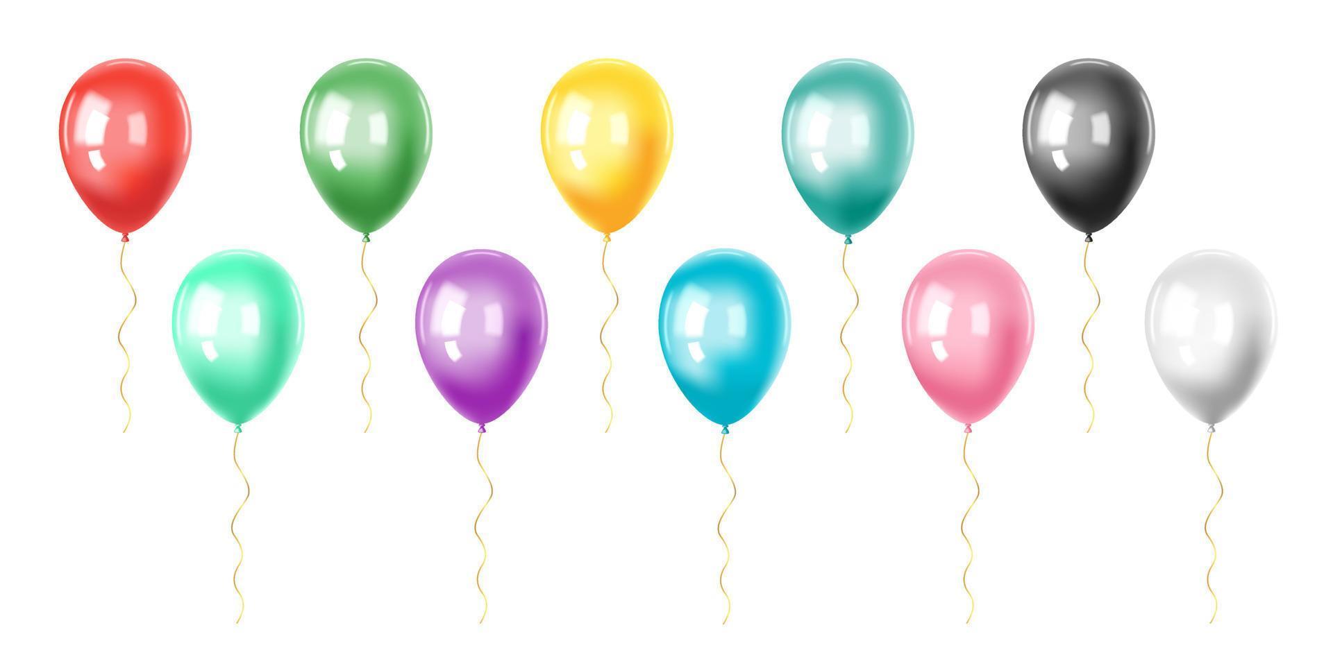 Set of realistic colored balloons isolated on white background. For festive design, birthday, wedding. Vector stock illustration.