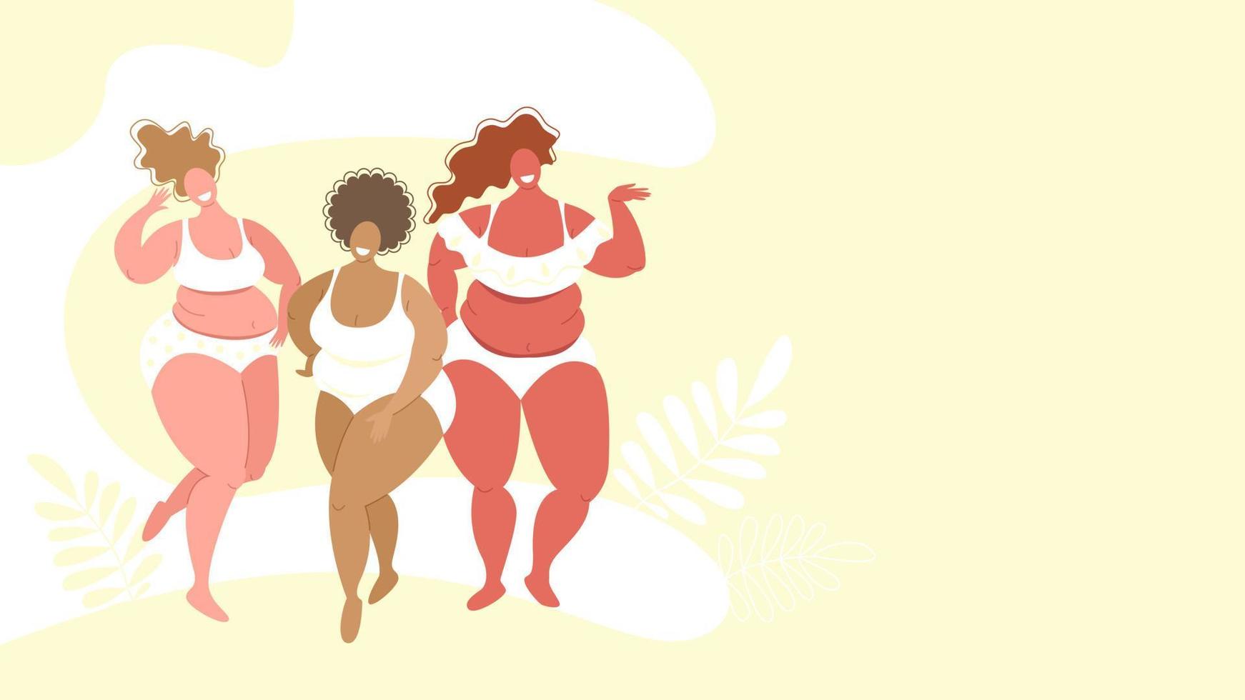 Plus size women of different races in swimsuits, the concept of body positivity, love for your body. Banner with copy space. Vector stock illustration in flat style.