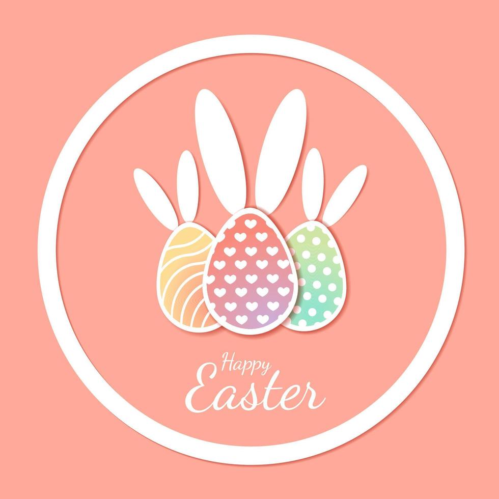 Happy Easter, Easter eggs with bunny ears banner with text in cut paper style. Vector stock illustration.