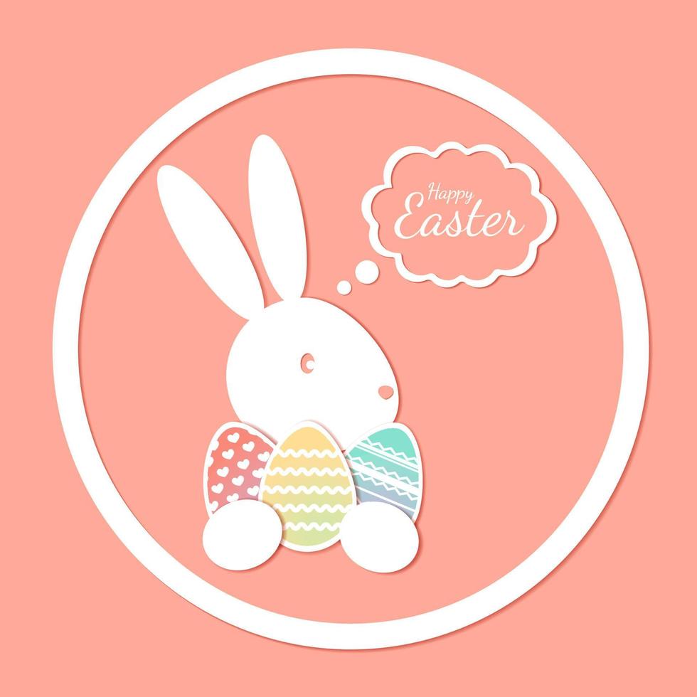 Happy easter, easter bunny eggs, banner with text in cut paper style. Vector stock illustration.