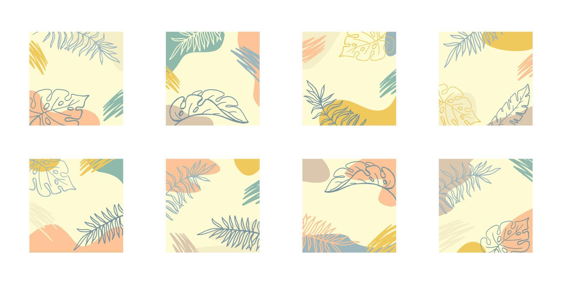 Tropical leaves and colored spots hand drawing in earthy colors, set of square abstract backgrounds with copy space. Monstera and palm leaves.Vector stock illustration. vector