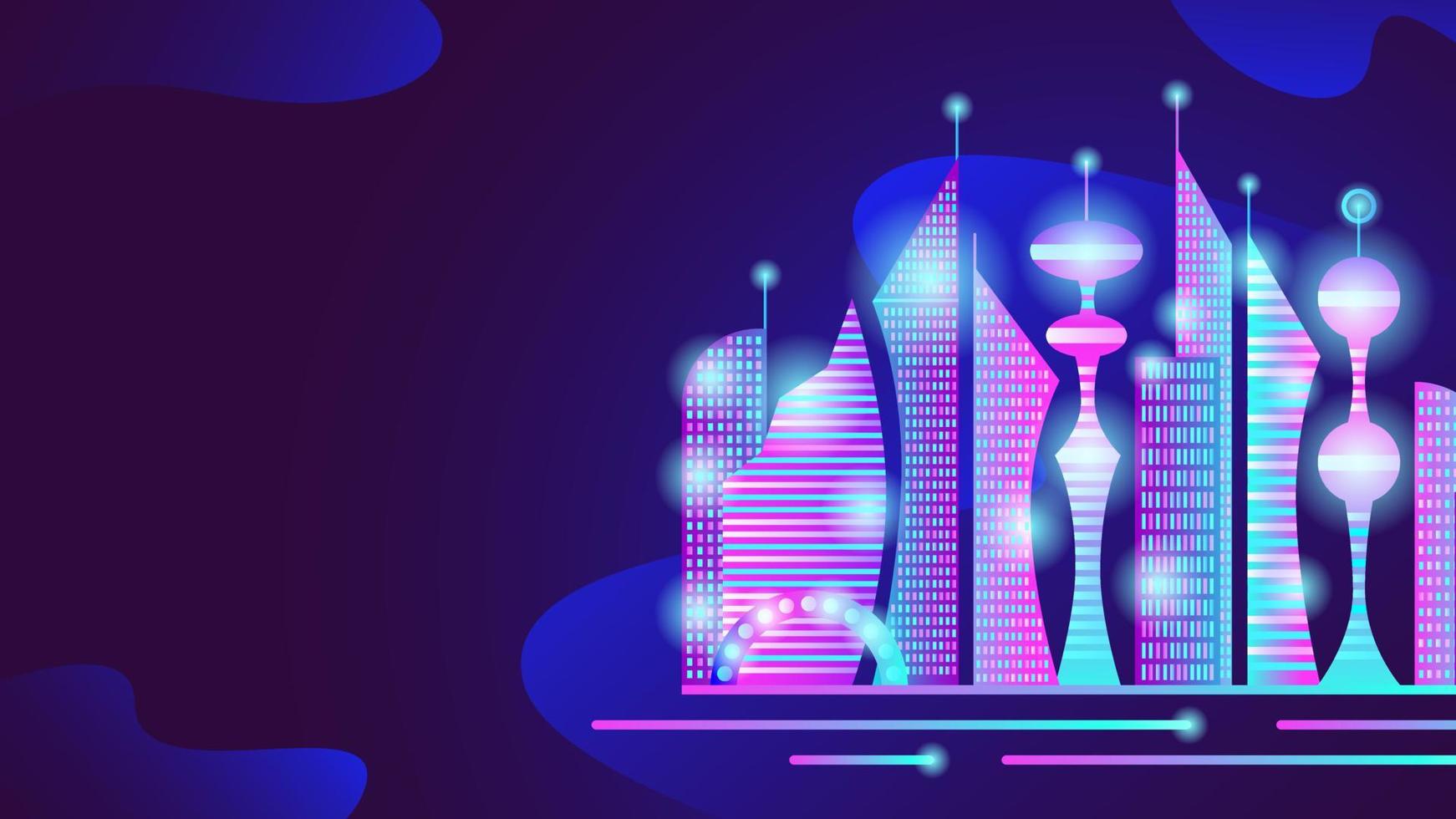 ciudad futurista de neón abstracto con edificios de gran altura. banner con espacio de copia. ilustración de stock vectorial. vector