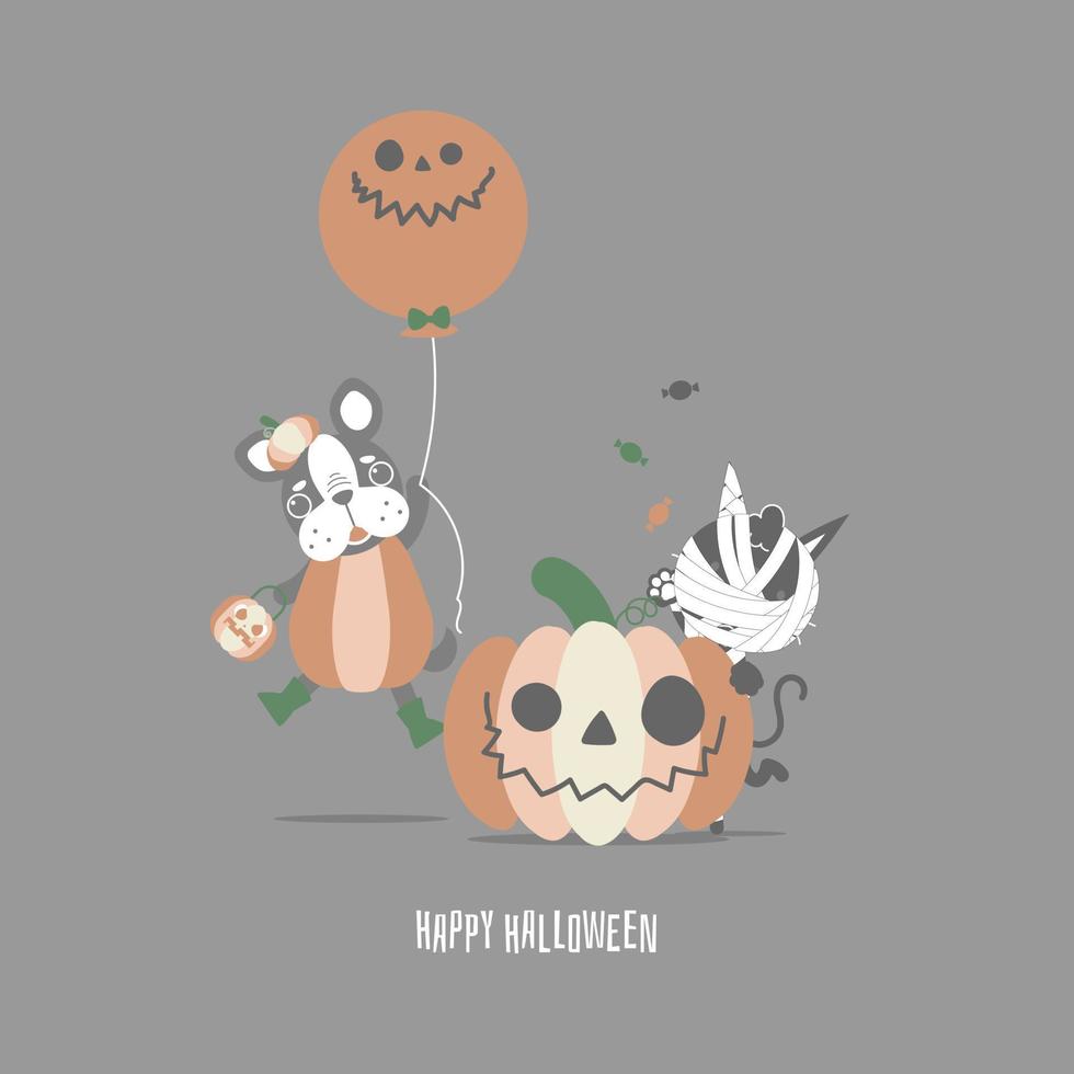 feliz festival de vacaciones de halloween con lindo pug bulldog francés, gato momia y calabaza, diseño de personajes de dibujos animados de ilustración vectorial plana vector