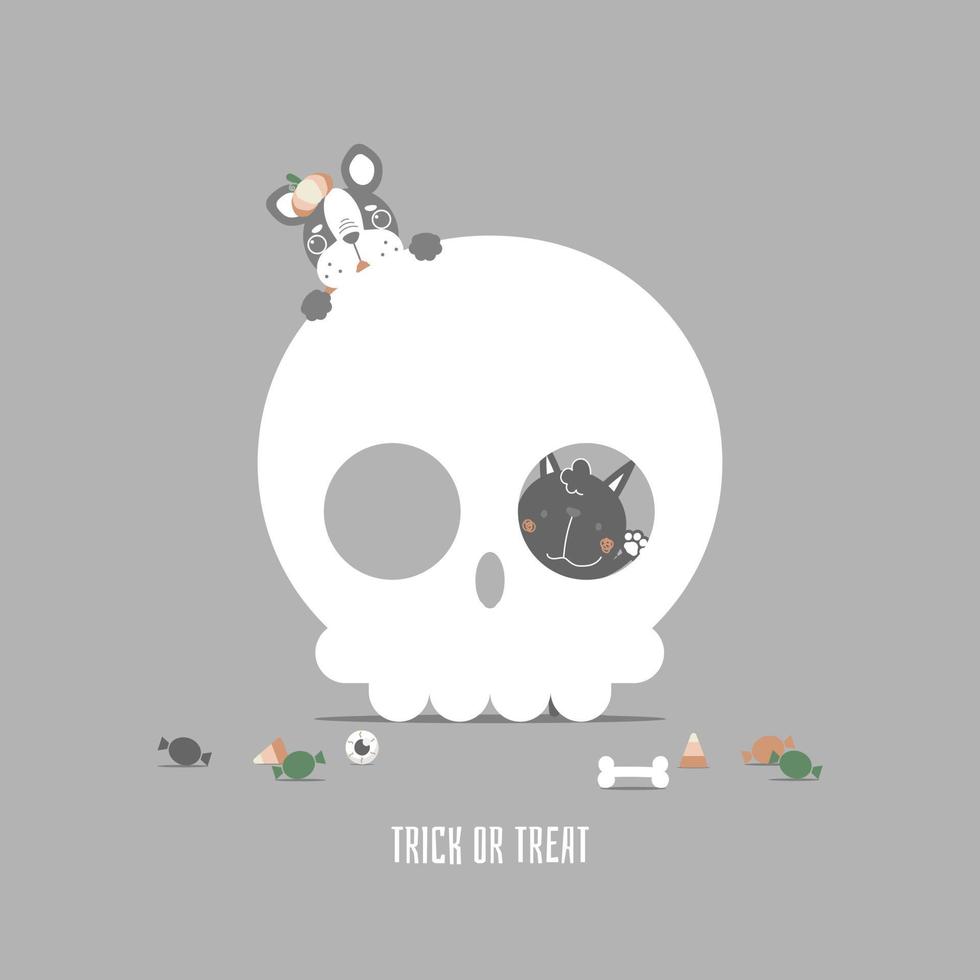 happy halloween holiday festival with cute cat and french bulldog pug and skull, flat vector illustration cartoon character design